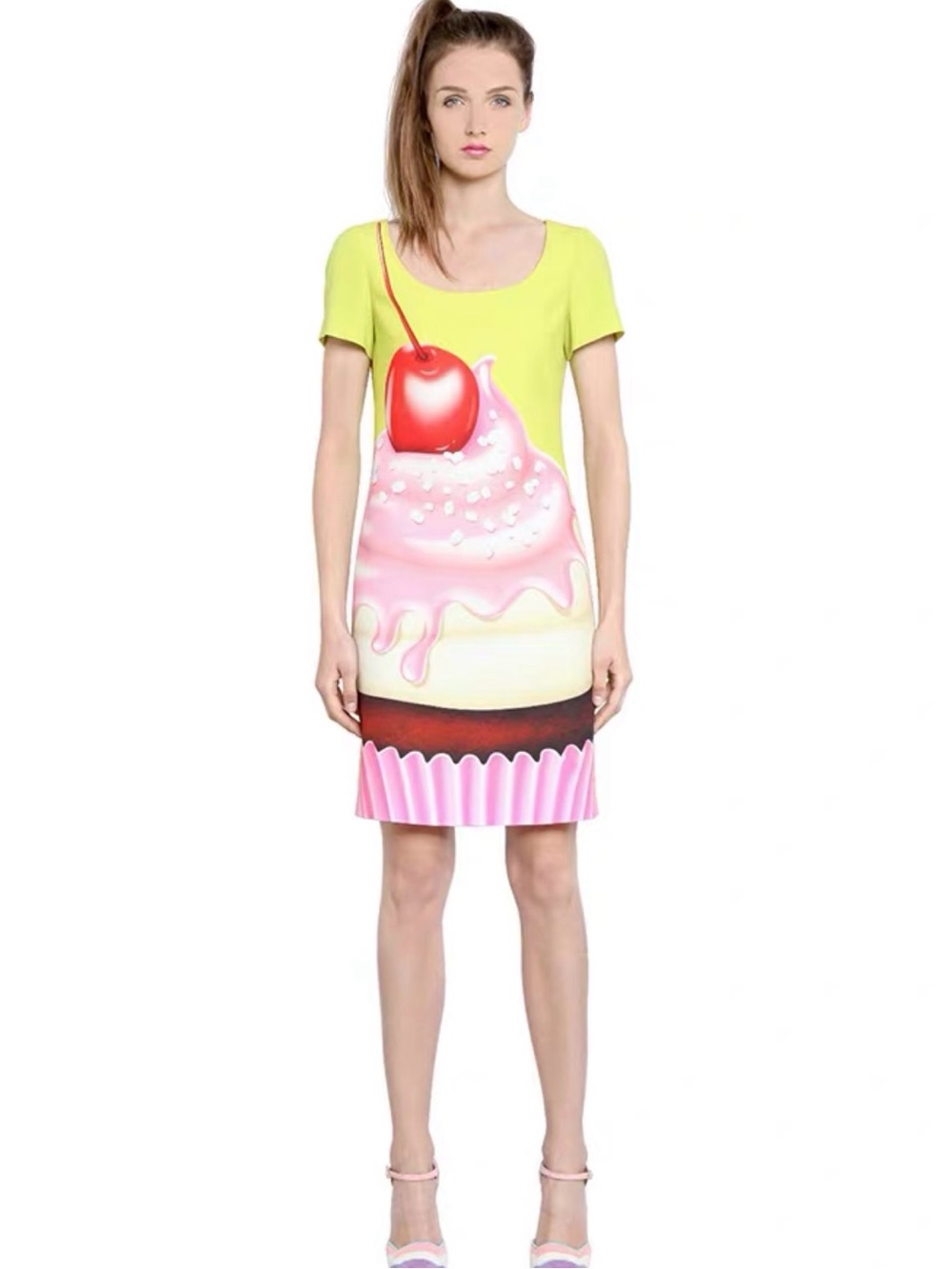 Moschino Neon Yellow Pink Cherry Print Dress